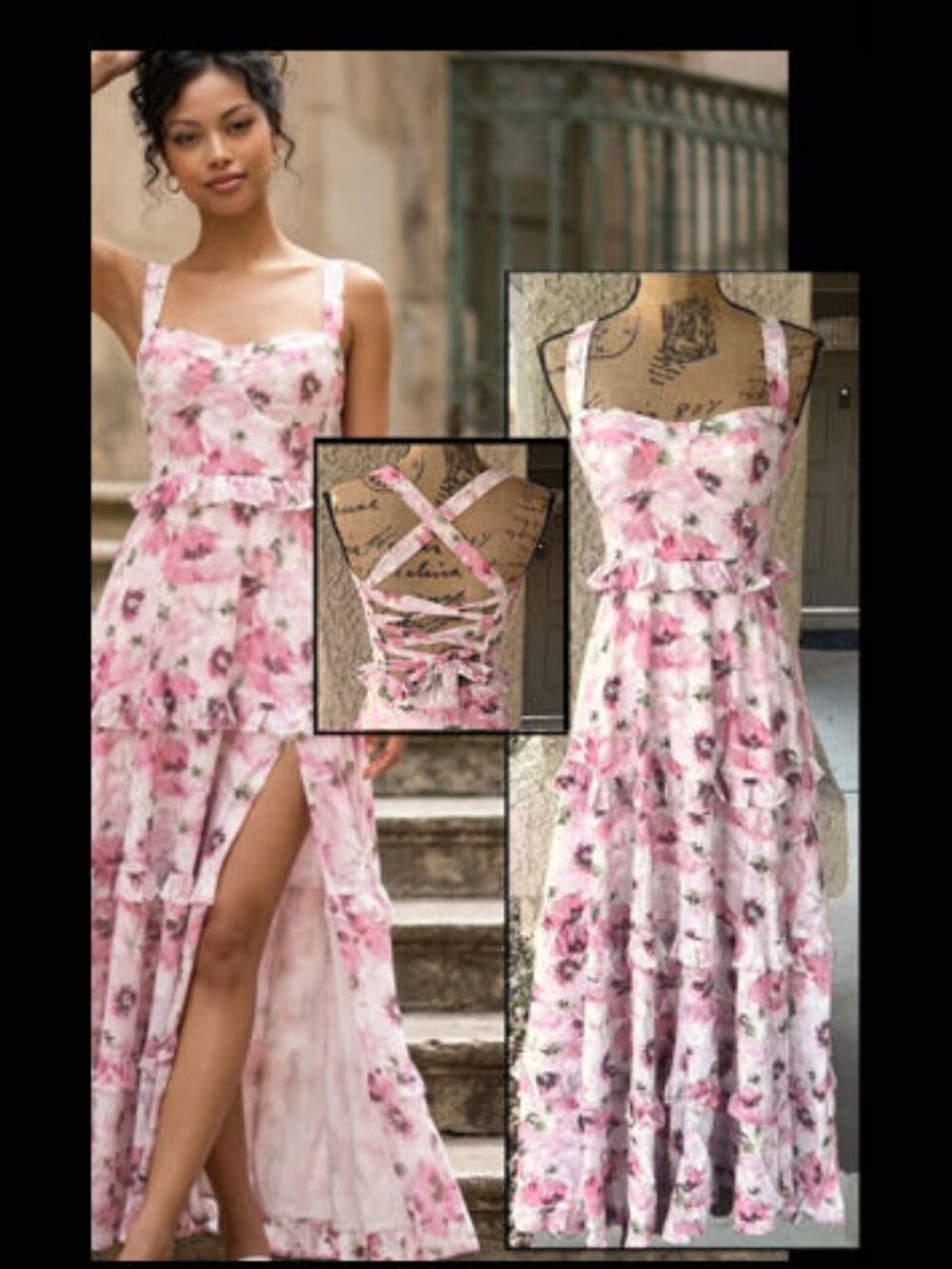 Petal and Pup Pink Bloom Lillee Tiered Lace-Up Back Maxi Dress Size: M